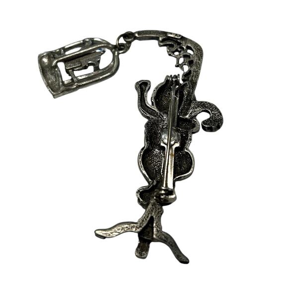 Vintage JJ Jonette Pewter Cat with a Bird Cage Brooch Pin EUC - Picture 2 of 3
